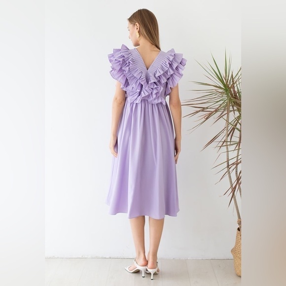 PLEATED RUFFLE BUTTONED DEEP V-NECK DRESS IN LILAC - Picture 3 of 14